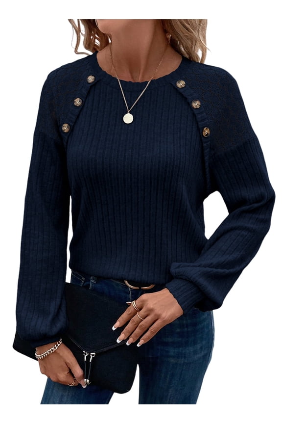 Sweaters for Women Fall Tops Lace Raglan Sleeve Button Blouses Casual Crew Neck Long Sleeve Shirt Lightweight Knit Pullover Sweater Navy Blue M