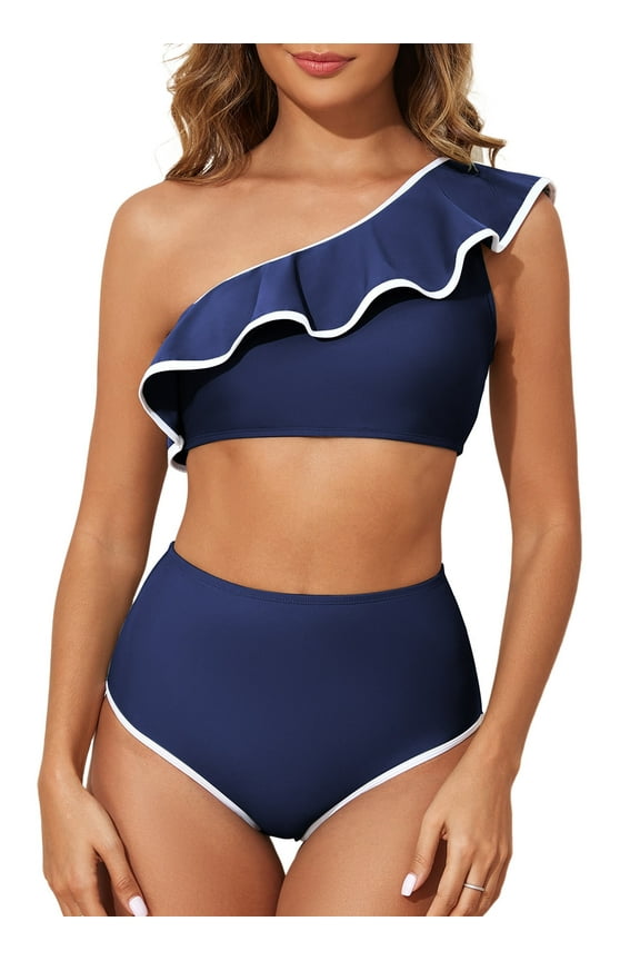 Womens High Waisted Bikini Sets One Shoulder Swimsuits for Women Color Block Trim Ruffle Hem Bathing Suit 2 Piece Swimsuit Swimwear Navy Blue S