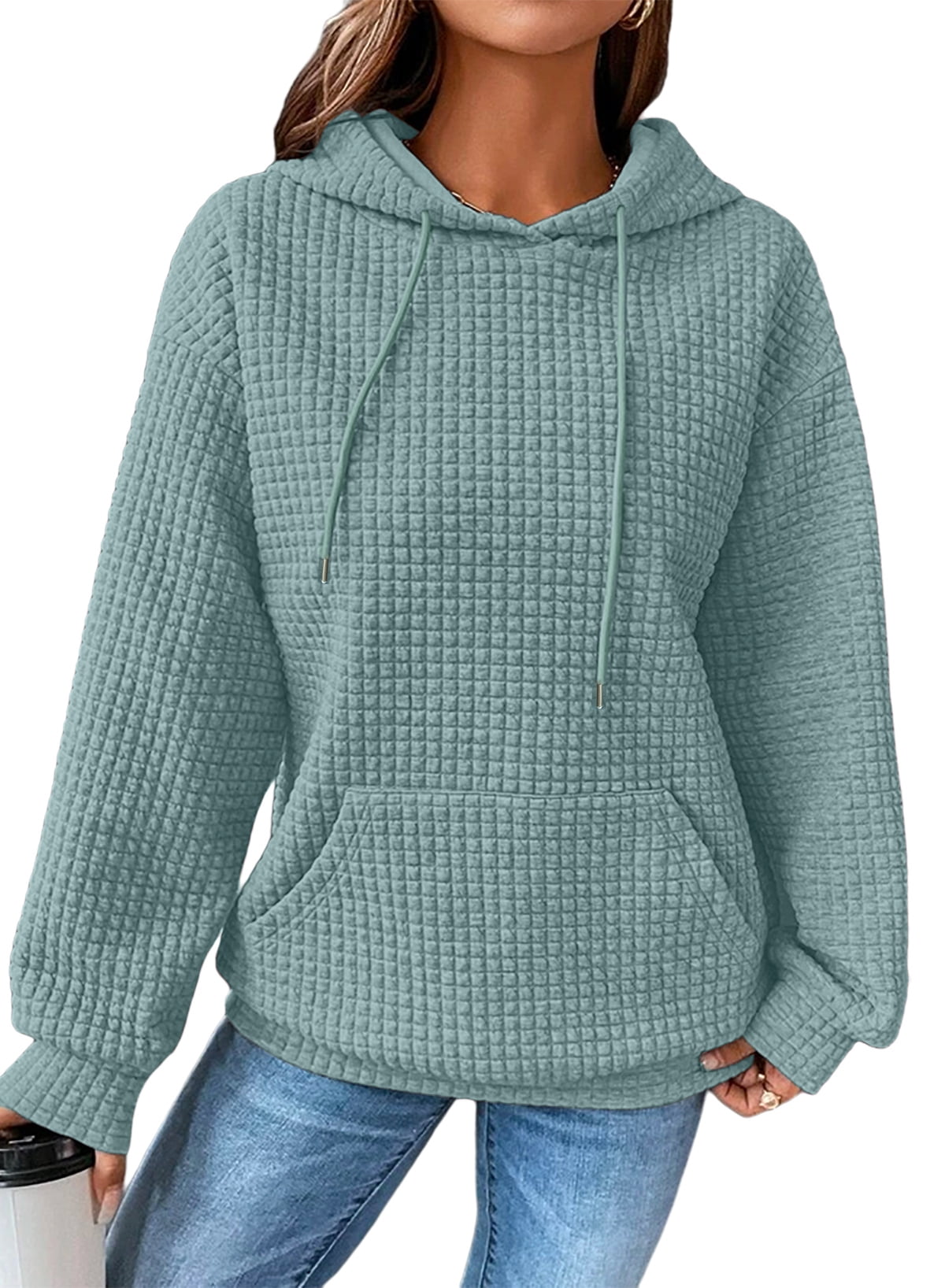 Eytino Womens Hoodie Oversized Hoodies Casual Long Sleeve Drawstring Hooded Sweatshirts Waffle Knit Tops with Pocket Trendy Blue XL