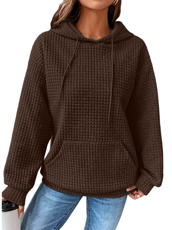 Womens Hoodie Oversized Hoodies Casual Long Sleeve Drawstring Hooded Sweatshirts Waffle Knit Tops with Pocket Trendy Brown S