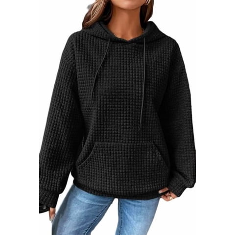 Womens Hoodie Waffle Pullover Hoodies Casual Long Sleeve Drawstring Pullover Top Hooded Sweatshirt with Pocket Black L