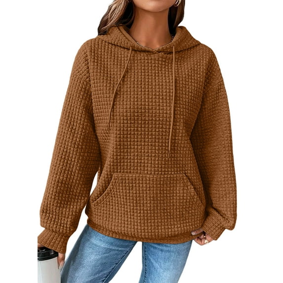 Eytino Womens Hoodie Waffle Pullover Hoodies Casual Long Sleeve Drawstring Pullover Top Hooded Sweatshirt with Pocket Orange L