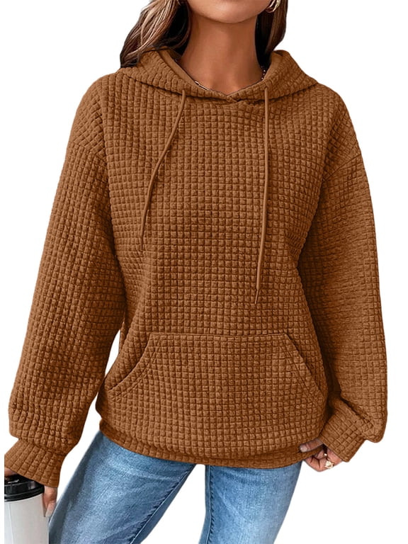 Womens Hoodie Waffle Pullover Hoodies Casual Long Sleeve Drawstring Pullover Top Hooded Sweatshirt with Pocket Orange L