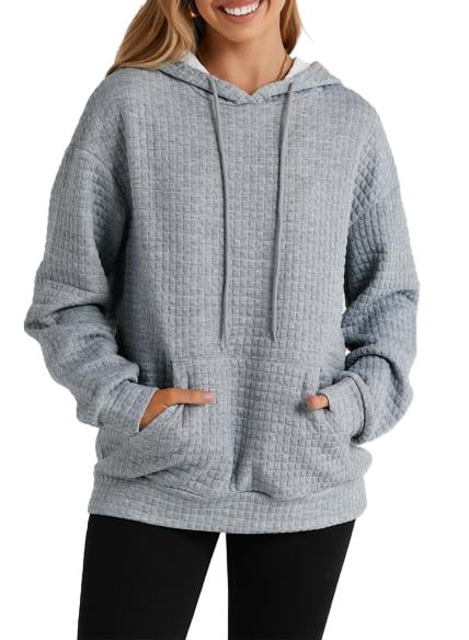 Eytino Hoodies for Women Casual Pullover Waffle Long Sleeve Drawstring Hooded Sweatshirt with Pocket Gray XL