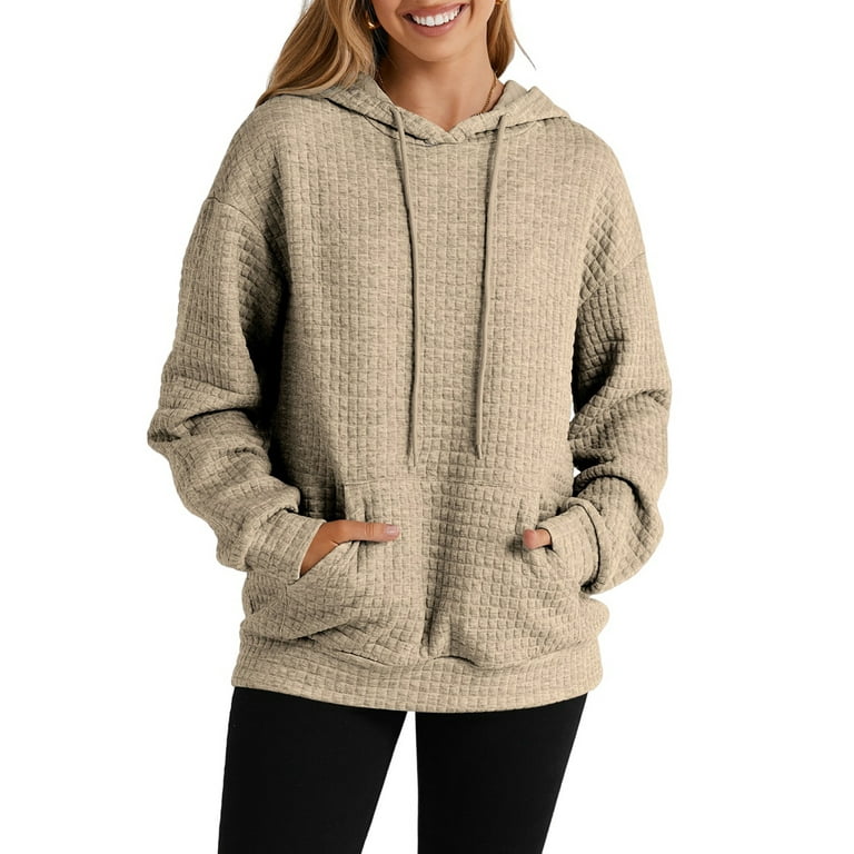 Eytino Womens Hoodies Sweatshirts for Women Loose Fit Casual Lightweight Long Sleeve Waffle Drawstring Hooded Pullovers Tops with Pocket Brown 2XL