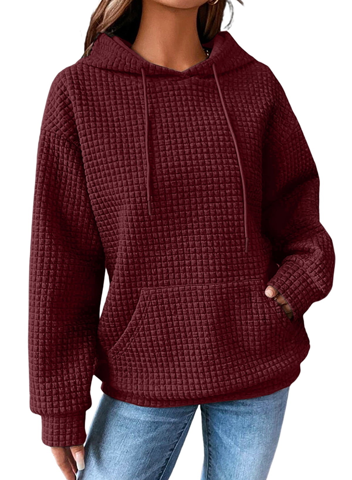Womens Sweatshirts Hoodies Sweatshirt Long Sleeve Waffle Hoodies Pullover Casual Oversized Hooded Sweatshirts with Pocket Red XL