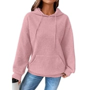 Eytino Womens Hoodies Oversized Casual Long Sleeve Waffle Knit Drawstring Pullover Hooded Sweatshirts with Pocket Pink 2XL