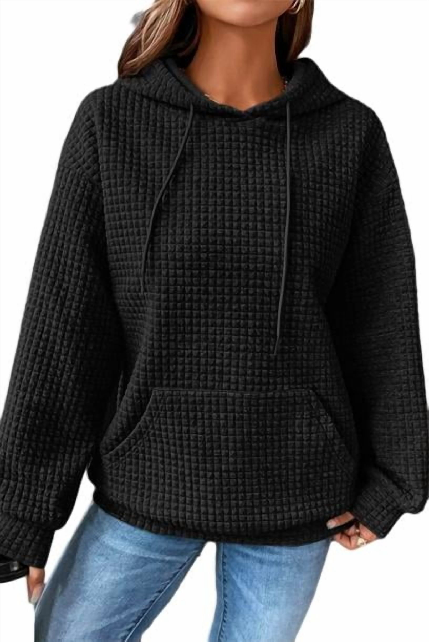Eytino Womens Hoodies Oversized Hoodies Sweatshirts Waffle Knit V Neck Hoodie Pullover Casual Long Sleeve Hooded Tops with Pocket Black S