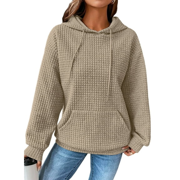 Eytino Womens Hoodies Sweatshirts for Women Loose Fit Casual Lightweight Long Sleeve Waffle Drawstring Hooded Pullovers Tops with Pocket Brown 2XL