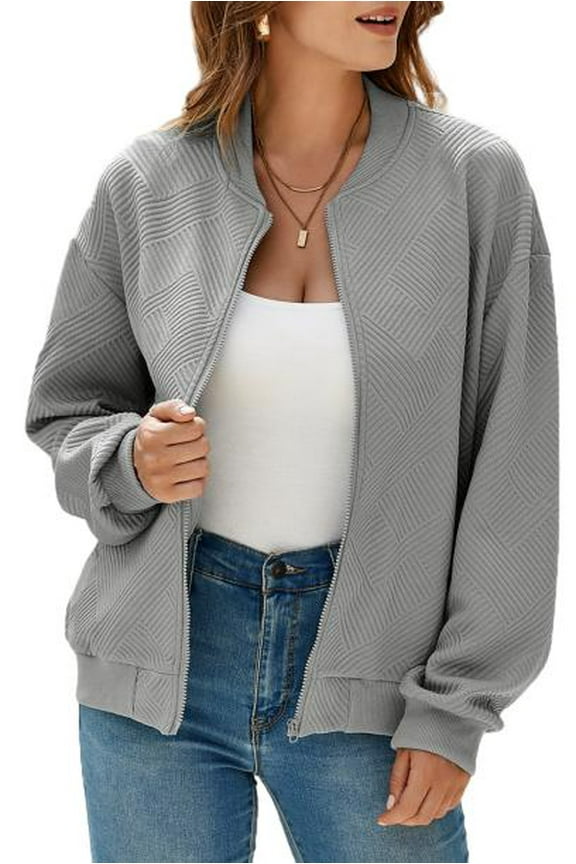 Womens Jacket Bomber Jacket Casual Zip up Coats Trendy Stand Collar Long Sleeve Jacket with Pockets Gray