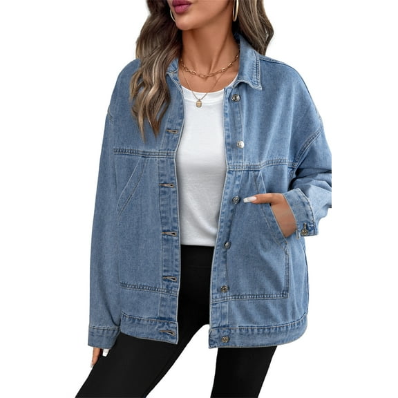 Eytino Womens Jean Jacket Denim Jackets Long Sleeve Oversized Button Down Shirts Drop Shoulder Shacket with Pockets