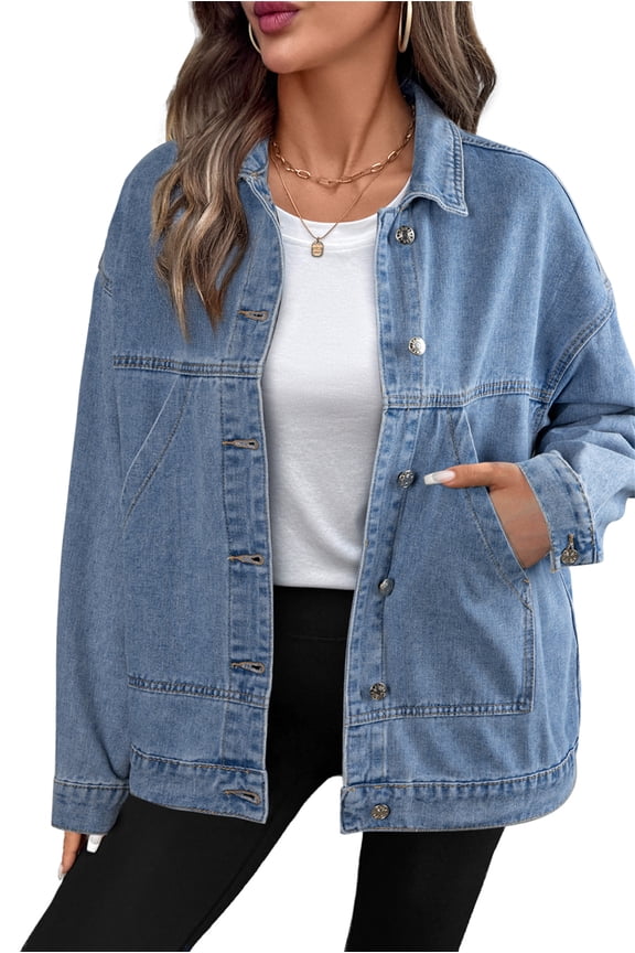 Womens Jean Jacket Denim Jackets Long Sleeve Oversized Button Down Shirts Drop Shoulder Shacket with Pockets