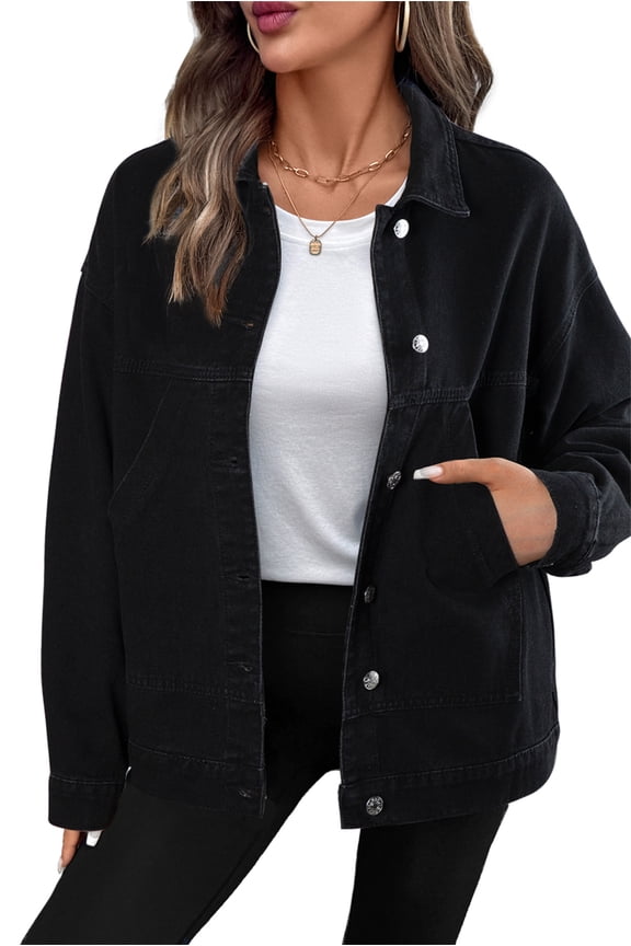 Womens Jean Jacket Denim Jackets Long Sleeve Oversized Button Down Shirts Drop Shoulder Shacket with Pockets