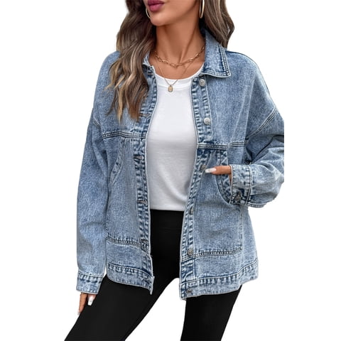 Womens Jean Jacket Denim Jackets Long Sleeve Oversized Button Down Shirts Drop Shoulder Shacket with Pockets