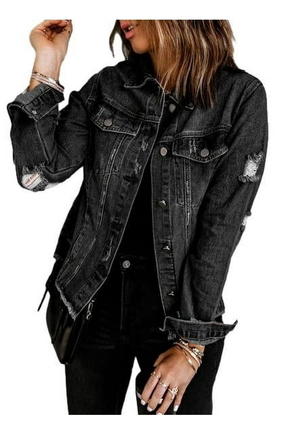 Womens Jean Jacket Long Sleeve Button Down Distressed Denim Jackets Jean Jacket Coat with Pockets Black S-2XL