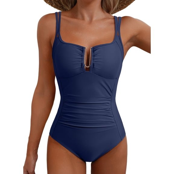 Eytino Womens One Piece Swimsuits Tummy Control Ruched Slimming Bathing Suit U-Wire Cutout Swim Suits