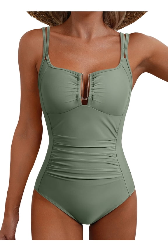 Womens One Piece Swimsuits Tummy Control Ruched Slimming Bathing Suit U-Wire Cutout Swim Suits
