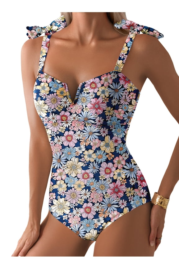 Womens One Piece Swimsuits Tummy Control V Neck Ruched Bathing Suit Adjustable Tie Shoulder Full Coverage Swimwear