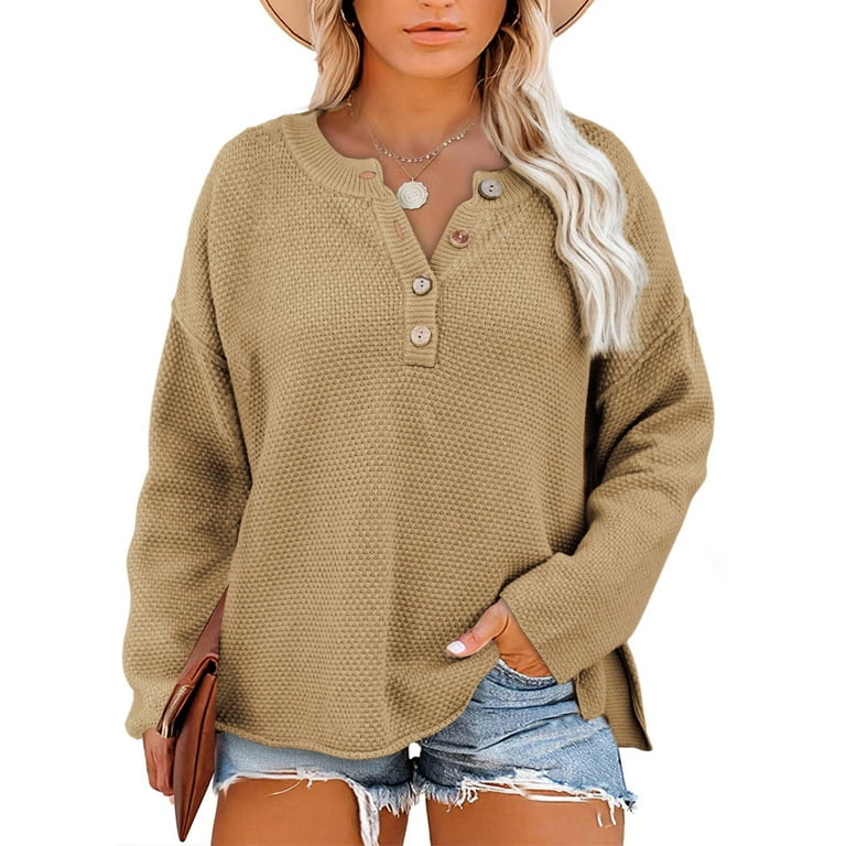 Eytino Womens Oversized Sweaters Waffle Knit V Neck Sweater Casual Long  Sleeve Side Slit Button Henley Pullover Jumper Top 