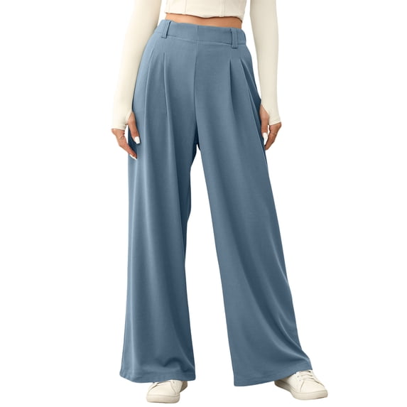 Eytino Womens Pants Casual Wide Leg Pants for Women Elastic High Waisted Palazzo Pants Loose Flowy Beach Trousers Lounge Pants with Pockets Blue S