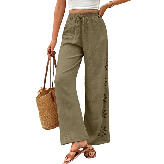 Eytino Womens Pants Wide Leg Loose Summer Boho Drawstring Elastic Waist Hollow Out Textured Beach Pants