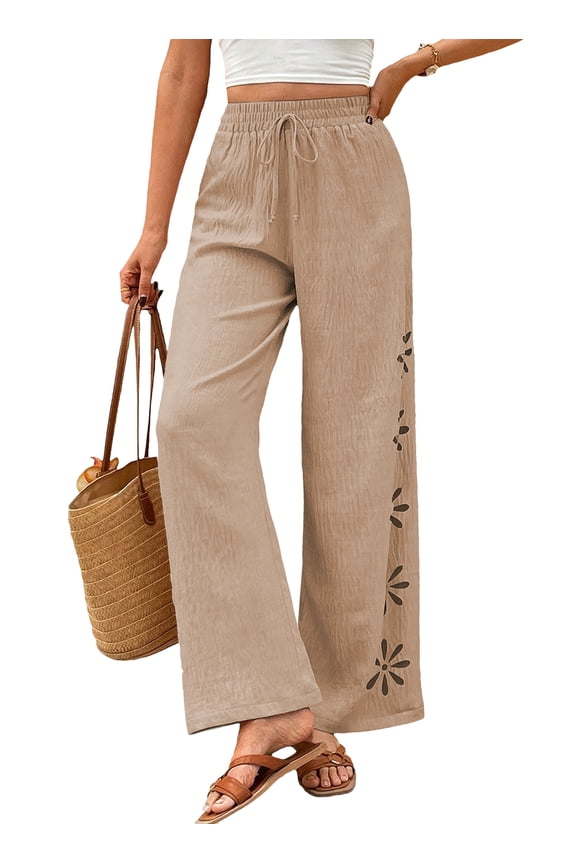 Womens Pants Wide Leg Loose Summer Boho Drawstring Elastic Waist Hollow Out Textured Beach Pants