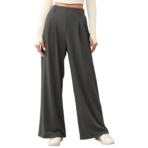 Eytino Womens Pants Wide Leg Pants for Women Elastic High Waisted Waffle Knit Casual Palazzo Pants Trousers with Pockets Dark Grey L