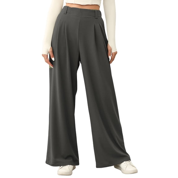 Eytino Womens Pants Wide Leg Pants for Women Elastic High Waisted Waffle Knit Casual Palazzo Pants Trousers with Pockets Dark Grey L