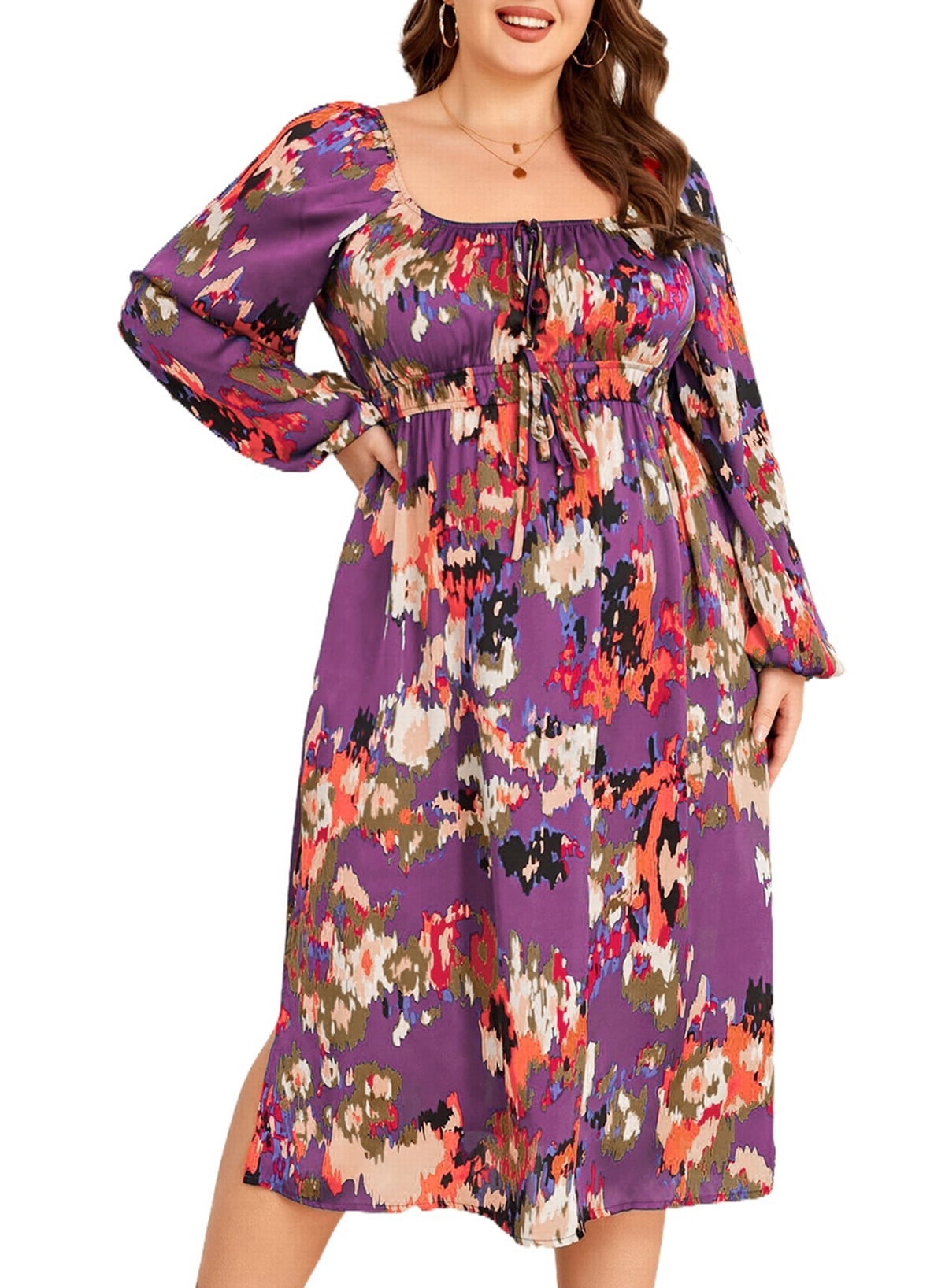 Eytino Womens Plus Size Dress Floral Print Dress Puff Sleeve Square
