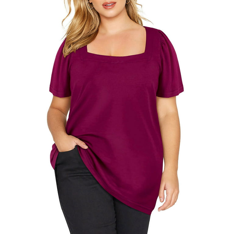 Eytino Womens Plus Size Tops Casual Summer Square Neck Puff Sleeve Loose  Fit Tee Shirts Purple 2X