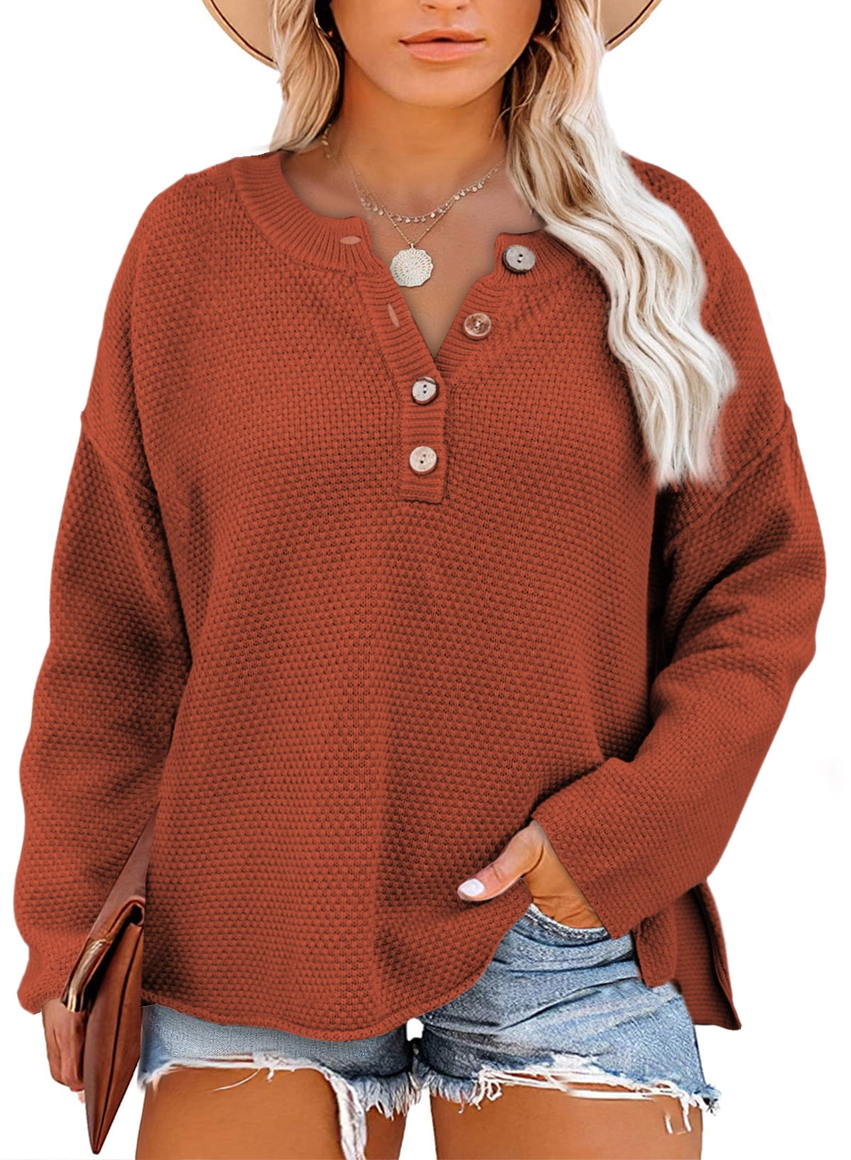 Eytino Womens Plus Size V Neck Sweaters Long Sleeve Button Knit