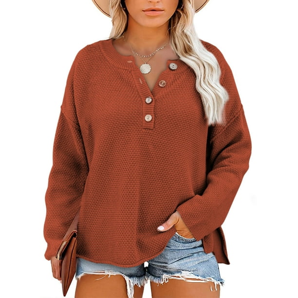 Eytino Womens Plus Size V Neck Sweaters Long Sleeve Button Knit