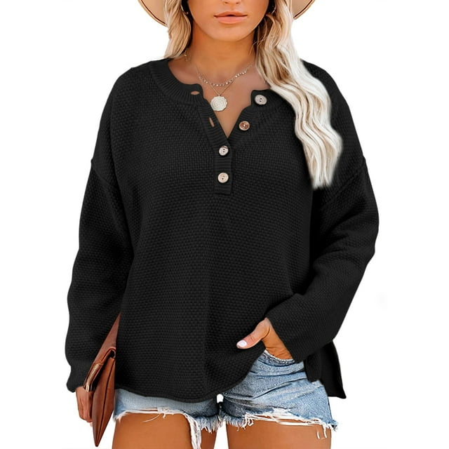 Eytino Womens Plus Size V Neck Sweaters Long Sleeve Button Knit
