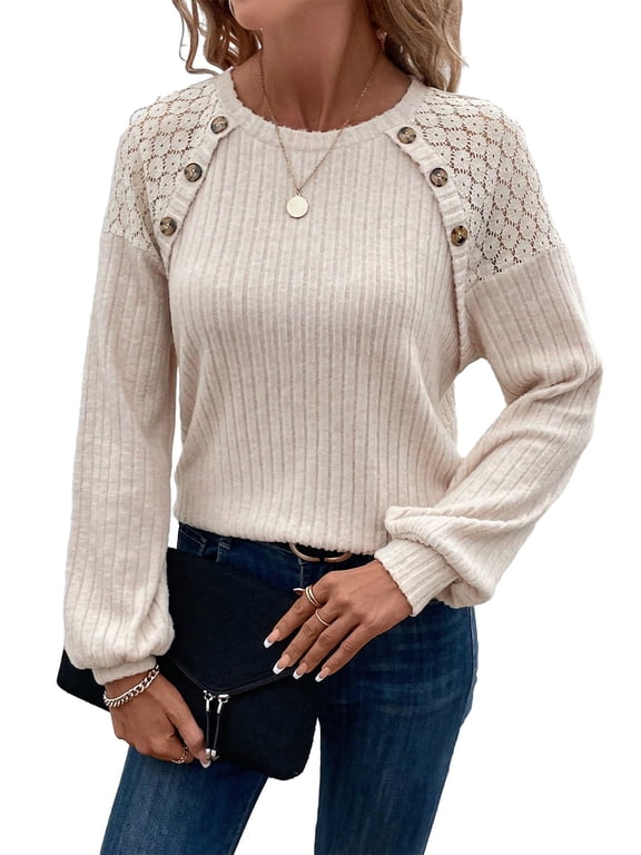 Womens Pullover Sweaters Fall Sweaters for Women 2025 Lace Raglan Sleeve Button Blouses Casual Crew Neck Long Sleeve Shirt Lightweight Knit Tops Apricot M