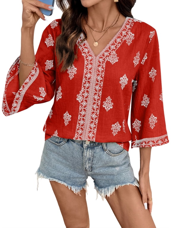 Womens Summer Boho Tops 3 4 Sleeve Floral Print Blouses Casual V Neck Dressy Boho Vacation Tunic Tops