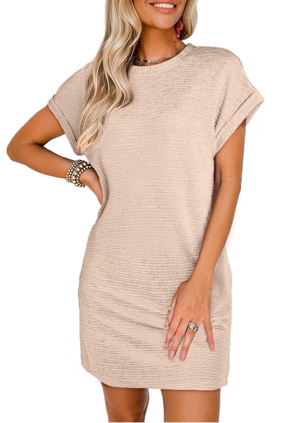 Dress for Women Summer Dress Solid Casual Loose Crewneck Basic T Shirt Mini Holiday Dresses with Pockets Gold