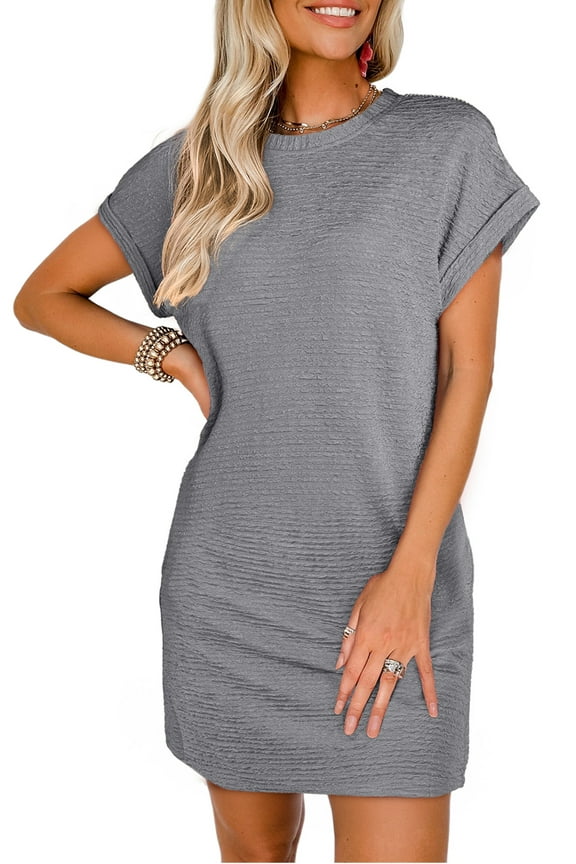 Dresses for Women Summer Dress Short Sleeve Solid Crew Neck T Shirt Mini Dresses Casual Beach Vacation Holiday Sundress with Pockets Gray