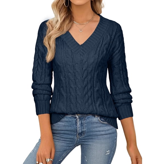 Eytino Womens Sweater Casual V Neck Long Sleeve Solid Cable Knit Sweater