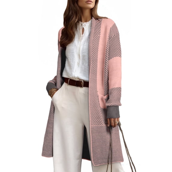Eytino Womens Sweater Open Front Long Sleeve Knit Cardigan Sweaters Color Block Outwear Coats with Pockets S-2XL