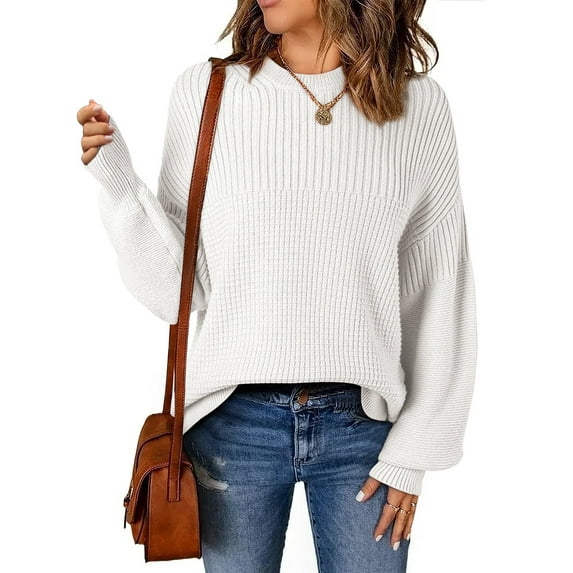 Eytino Womens Sweater Solid Cable Knit Pullover Sweaters Casual Long Lantern Sleeve Pullover Oversized Crew Neck Knitted Tops White