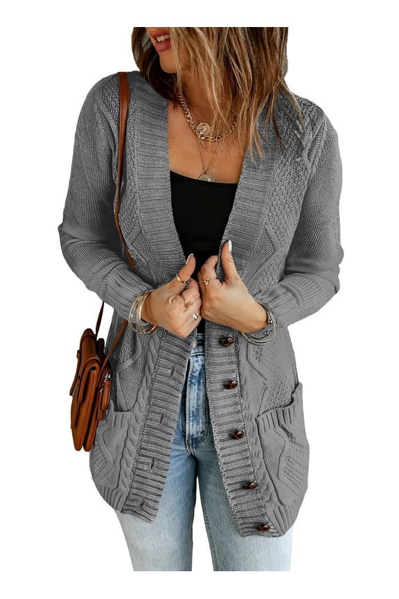 Womens Sweaters Cardigans for Women Open Front Knit Sweater Button Casual Long Sleeve Cardigan with Pockets