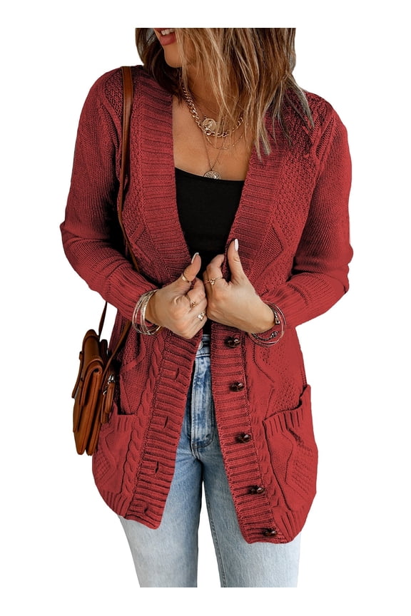 Womens Sweaters Cardigans for Women Open Front Knit Sweater Button Casual Long Sleeve Cardigan with Pockets