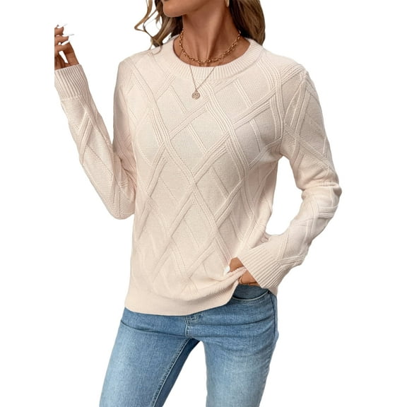 Eytino Womens Sweaters Casual Crewneck Cable Knit Sweater Long Sleeve Fall Tops for Women Pullover Sweater 2025 Fall Sweater Beige S