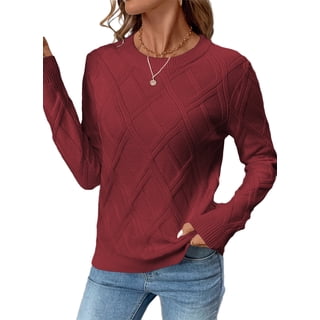 Eytino Womens Sweaters Casual Crewneck Cable Knit Sweater Long Sleeve Fall Tops for Women Pullover Sweater 2025 Fall Sweater Red 2XL