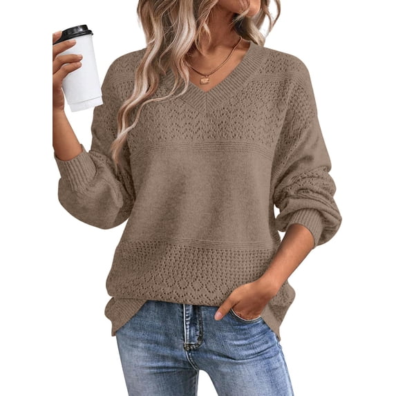 Eytino Womens Sweaters Casual Long Sleeve V Neck Sweater Fall Lightweight Crochet Pullover Sweater Tops for Women 2XL