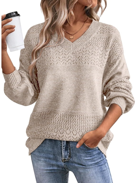 Womens Sweaters Crochet Sweater Hollow Out Long Sleeve Pullover Tops V Neck Lightweight Oversized Knit Sweaters Brown XL