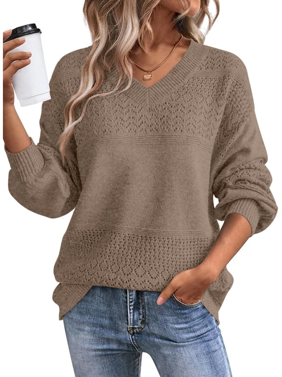 Womens Sweaters Fall Winter Oversized Sweater Lightweight Crochet Sweater Casual Long Sleeve V Neck Hollow Out Knit Sweater Pullover Jumper Tops M