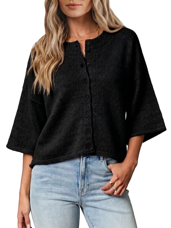 Womens Sweaters Knitted Cardigan Sweaters 3/4 Sleeve Button Down Cardigan Sweaters Loose Knitwear Tops