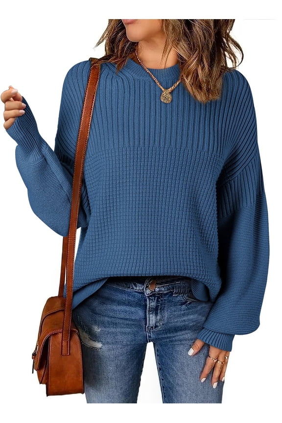 Womens Sweaters Lantern Sleeve Pullover Sweaters Cable Knit Oversized Crew Neck Fall Pullover Tops Blue
