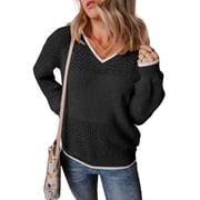 Eytino Womens Sweaters Lightweight V Neck Crochet Sweater Casual Long Sleeve Hollow Out Knit Sweater Pullover Sweaters for Women Oversized Sweaters Black M